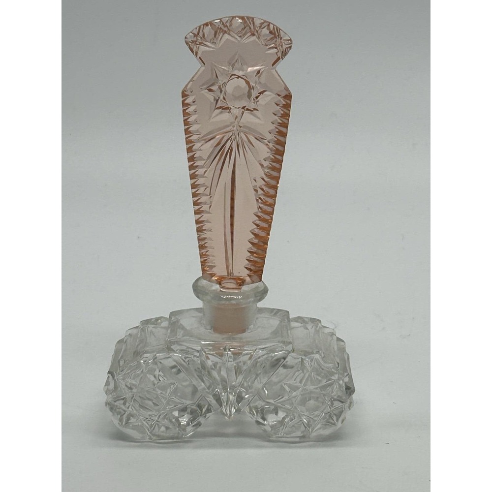 Vintage Czech Glass Perfume Bottle Clear w/ Pink Star Cut Tall Stopper